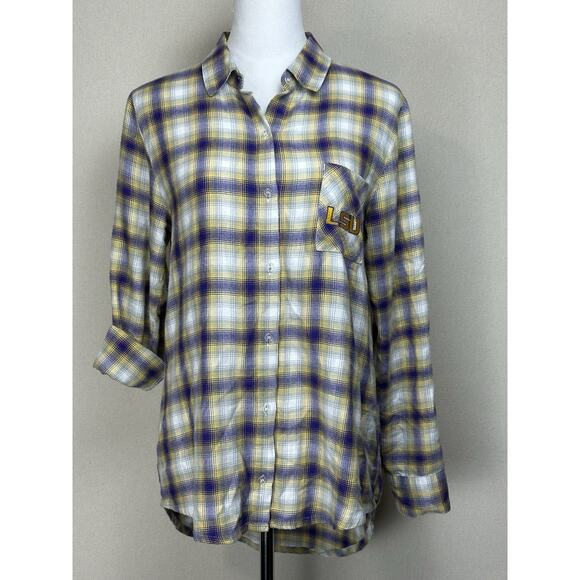 Women’s Plaid Flannel Button-Down LSU Tiger Shirt With Roll-Up Sleeves Sz M - Picture 1 of 14